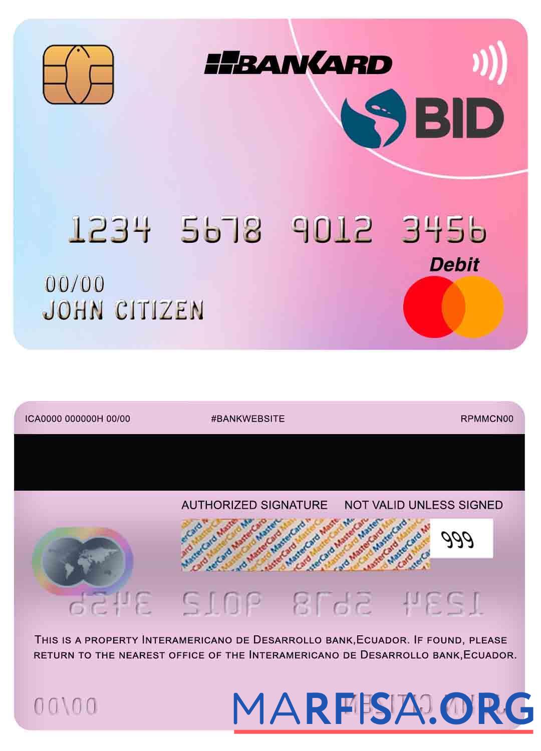 Blank Ecuador Banco Interamericano de desarrollo (BID) bank mastercard sample